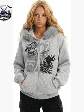 Oversized Zip Up Hoodie with Faux Fur Hood, Y2K Graphic Streetwear